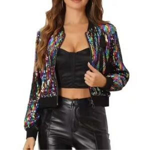 K-Glam Women's Sequin Long Sleeve Glitter Shiny Party Bomber Jacket | Size XL